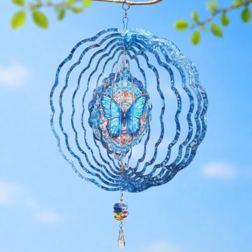 10 Inch 3D Butterfly Wind Spinner with Crystal Pendant, Renyalora Blue Metal Mandala Hanging Spinner, Kinetic Wind Sculpture for Outdoor Yard, Garden, Patio, Balcony Decor - Image 2