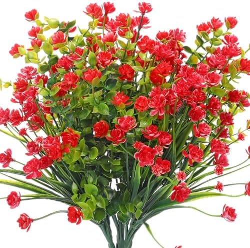 WILLBOND 12 Bundles Artificial Flowers Outdoor, UV Resistant Faux Artificial Plants Shrubs Plastic Flower Bulk for Hanging Planter Porch Window Home Spring Summer Decor(Red) by Willbond+Technology+Limited