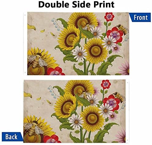 Yekiua Honey Bees Wildflowers Flag 3X5 Ft Outdoor Retro Sunflowers Daisy Rose Floral Garden Autumn Fall Premium Strongest Longest Lasting Flag Vivid Color With Brass Grommets Colorful - Image 3
