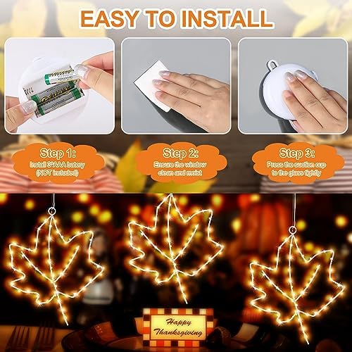 (New) Cerflyer Fall Decoration, Thanksgiving Window Lights with Suction Cup, Metal Frame Maple Leaf Silhouette Lights for Window Wall Home Fall Thanksgiving Décor, Battery Operated - 3 Pack - Image 3