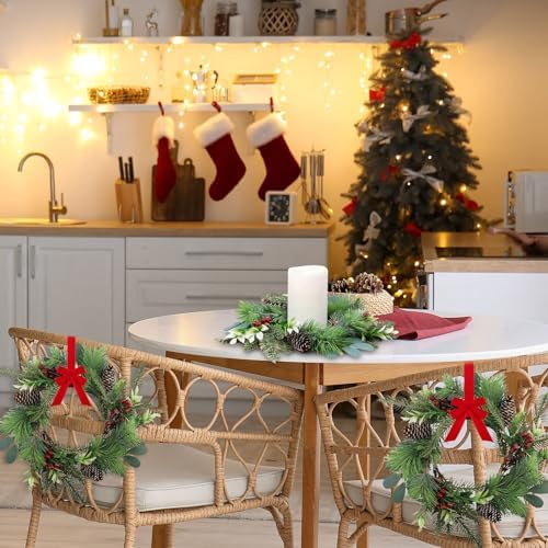 4 PCS 9" Small Christmas Norfolk Wreaths Mini Cabinet Wreaths for Kitchen with Red Berry Pinecone Cedar Bows Snowy Pine Wreath for Xmas Front Door Window Fireplace Home Table Pillar Stairs Decor - Image 6