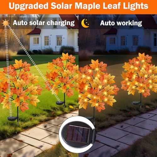 TORONTOKYO 4 Pack Fall Solar Outdoor Lights, Fall Decor 80 LED Maple Leaves Solar Stake Light with 8 Modes, Waterproof Fall Garden Lights Thanksgiving Decorations for Autumn Yard Pathway Outside - Image 3