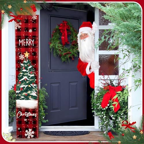 47" Christmas Porch Sign, Buffalo Plaid Wooden Door Hanger - Image 6