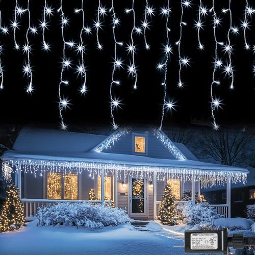 Dazzle Bright Christmas Icicle Lights, 88.5 FT 1080 LED 8 Modes Curtain Fairy Lights with 180 Drops, Xmas String Lights for Outdoor Holiday Wedding Party Decorations (White) by DazzleBright