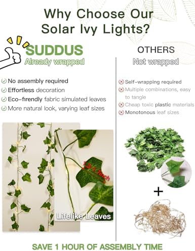 suddus Solar Ivy String Lights, 33ft 100 LED Vines with Lights Warm White - Image 4
