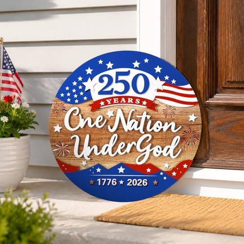 JarThenaAMCS 250th Anniversary Welcome Door Sign Patriotic 3D Wooden Hanging Sign American Flag Fireworks Round Door Hanger for 4th of July Independence Memorial Day Home Wall Decorations, 12 Inch - Image 7
