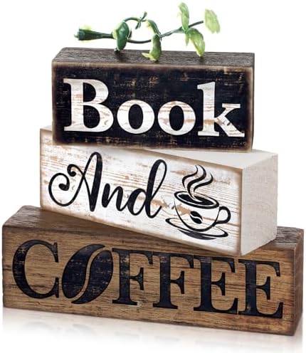 Moucuny 4 Pcs Farmhouse Table Decor Rustic Wooden Book and Coffee Signs by Moucuny