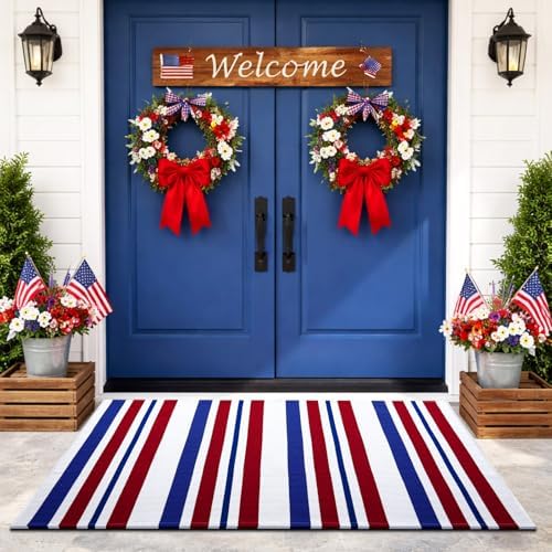 Duraaamo Patriotic Blue Red White Door Mat 3' X 5' for Memorial Day Decor by Duraaamo