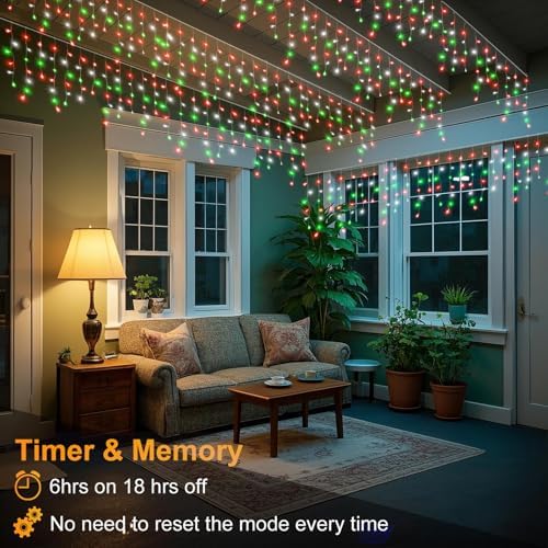 132ft Icicle Lights for Outside, 1280 LED Red White Green Christmas Lights Outdoor Indoor, Twinkle String Lights with 240 Drops, Clear Wire, 8 Modes & Timer, Waterproof for Xmas Eaves Holiday Decor - Image 4