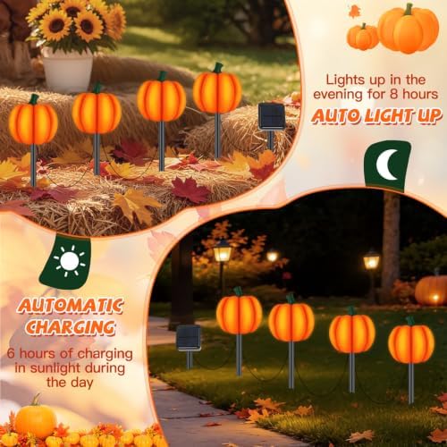 2Sets 4-in-1 Pumpkin Solar Lights Outdoor Halloween Decor Fall Stake Lights - Image 5