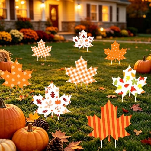 Whaline 12 Pcs Fall Maple Leaf Yard Signs with 24 Pcs Stakes Orange Plaid Striped Maple Leaves Yard Decorations for Autumn Harvest Thanksgiving Party Lawn Garden Pathway Outdoor Decor - Image 7