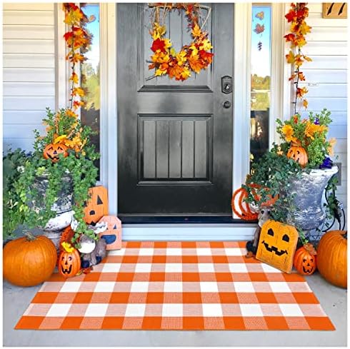 KILOCOCO Halloween Buffalo Plaid Rug 3x5 ft Orange and White Front Door Rug by Kilococo