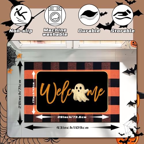 2 Pcs Halloween Door Mat Combo Set Ghost Welcome Doormat + 28" x 43" Orange and Black Buffalo Plaid Rug for Fall Thanksgiving Halloween Porch Entryway Indoor Outdoor Decor - Image 3
