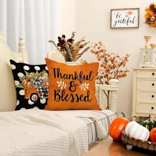 GEEORY Fall Pillow Covers 18 x 18 Inch Set of 4, Polka Dots Buffalo Bow-Knot Pumpkins Truck Thankful Thanksgiving Decor Decorative Throw Cushion Cases Decoration for Home Sofa Couch (Black) G405-18 - Image 3