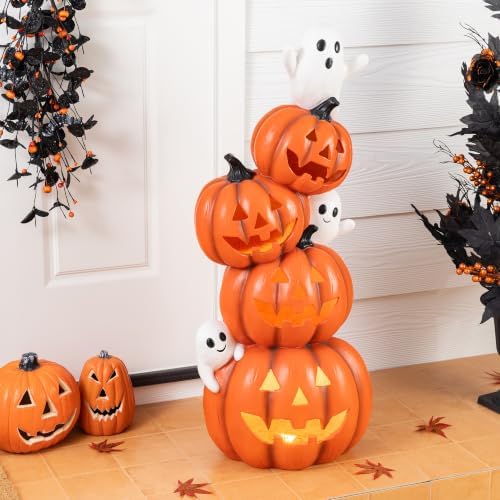 Glitzhome 33.25"H Halloween Lighted Stacked Jack-O-Lantern Porch Decor,MGO Pumpkin Ghost Statue with Timer,Scary Halloween Decoration for Indoor Outdoor Front Door Party Yard - Image 6