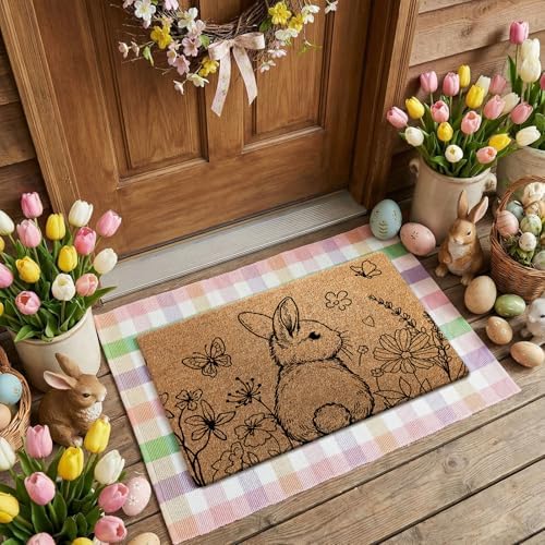 Duraaamo 2 Pcs Easter Coir Doormat Outdoor Rug Pastel Egg Welcome Door Mat Layered Buffalo Plaid Colorful Plaid Rug Coir Easter Mat for Outdoor Front Porch Entryway Decor - Image 6