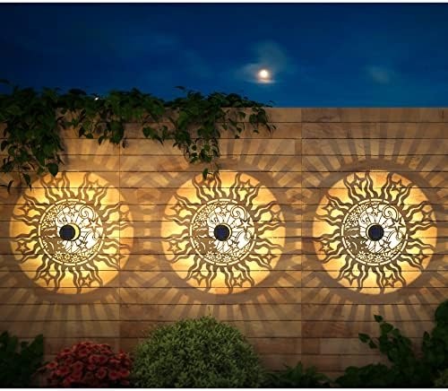 gardencave 2 Pack Solar Fence Lights Metal Solar Powered Outdoor Wall Deck Lights Sun Moon Theme Waterproof Fence Light for Garden Post Patio Backyard Yard Decor (Face, 2 Pack) - Image 2