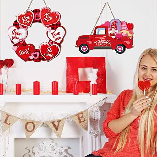 2 Pcs Happy Valentine's Day Signs Wreath Heart Hanging Wooden Door Sign Truck Gnome Valentine's Day Wall Decor for Home Wedding Anniversary Party, 2 Styles - Image 5