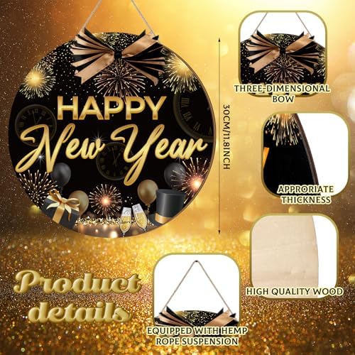 Moucuny Happy New Year Front Door Sign Black Gold Wreaths New Year Wooden Hanging Welcome Door Hanger Sign Farmhouse Decor for Home Front Porch Decor - Image 2