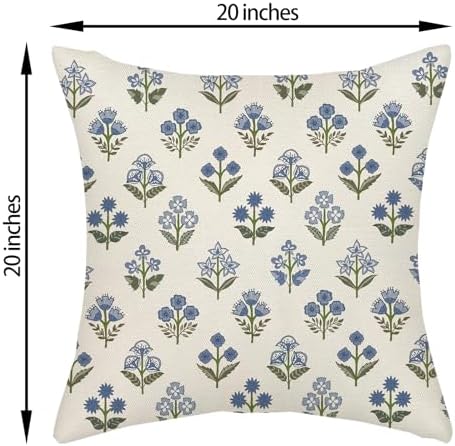 Blue Green Pillow Covers 20x20 Inch 2 Pcs Block Print Vintage Floral Decor Throw Pillows Boho Flower Spring Summer Outdoor Seasonal Decoration Pillowcase Linen Cushion Cover for Couch Sofa - Image 6