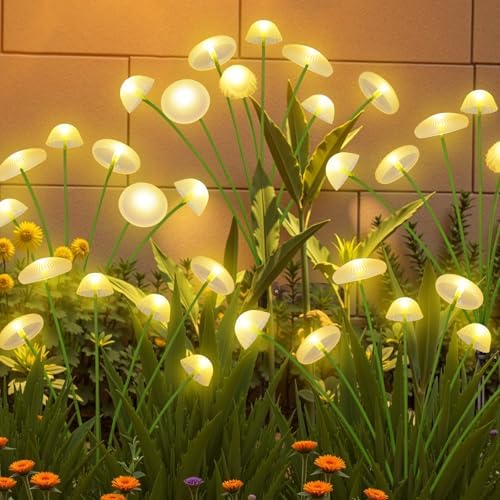 KAQ Solar Garden Lights Outdoor 6PK 48LED, Mushroom Solar Lights Outdoor, IP65 Waterproof Firefly Light Outside Decor for Patio Pathway, Sway by Wind for Pathway Garden Decorations, Warm White by KAQ