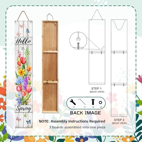 Hello Spring Porch Sign Tulip Butterflies Welcome Sign Rustic Vertical Standing Sign For Front Porch Decor Farmhouse Hanging Wall Sign for Patio Yard Party Indoor Outdoor Decoration 47.2"H - Image 4