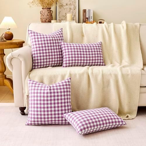 Outdoor Lavender Gingham Plaid Decorative Lumbar Pillow Cover 12x20(Purple) - Image 5