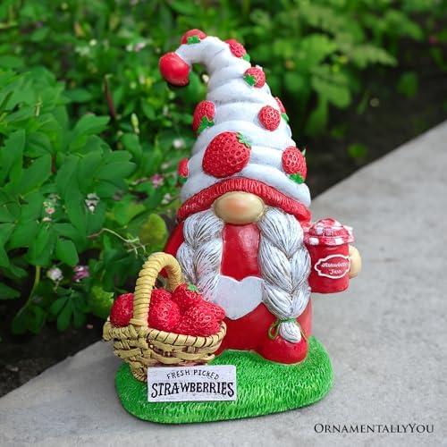 Spring & Summer-Themed Garden Statues – Adorable Outdoor Decor for Lawn, Patio & Porch (Charming Homestead Strawberry Gnome Garden Statue, 9.5" Farmhouse Style Unique Fruit Home Decor) - Image 3