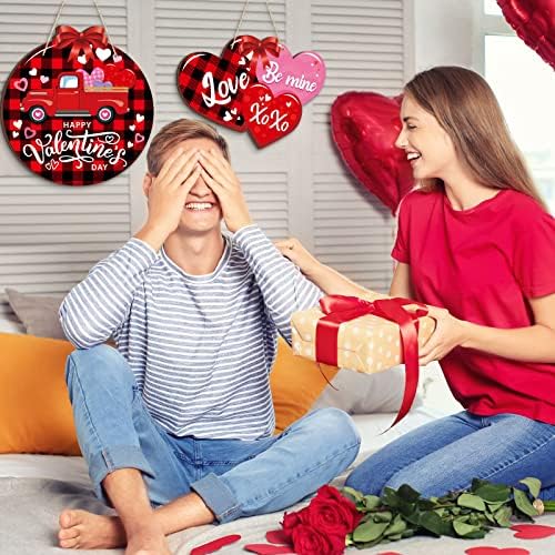 2 Pieces Valentines Day Door Sign Wooden Happy Valentines Day Sign Hanging Valentines Day Truck Decor Heart Shaped Valentines Door Hanger Buffalo Plaid Wooden Wall Decoration for Outdoor Front Door - Image 5