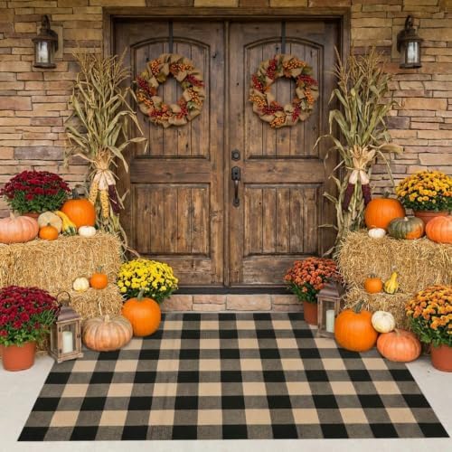 Fall Decor Buffalo Plaid Outdoor Rug 4x6 Ft Coffee and Black Checkered Area Rug Washable Indoor Outdoor Rugs for Porch, Entryway, Hallway, Kitchen, Living Room, Dining Room, Bedroom - Image 3