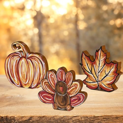 Smile 3 Pcs Wooden Blocks Pumpkin Turkey Maple Signs, Thanksgiving Tiered Tray Decorations, for Home Table Shelf. - Image 5