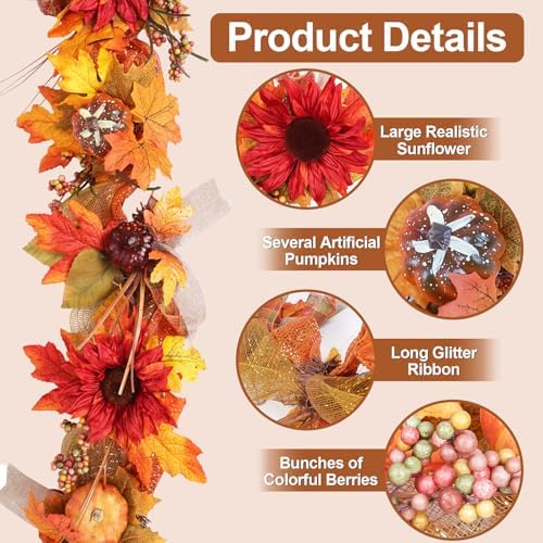 6ft Thick Fall Maple Leaves Garland with Sunflower & Pumpkin - Image 2