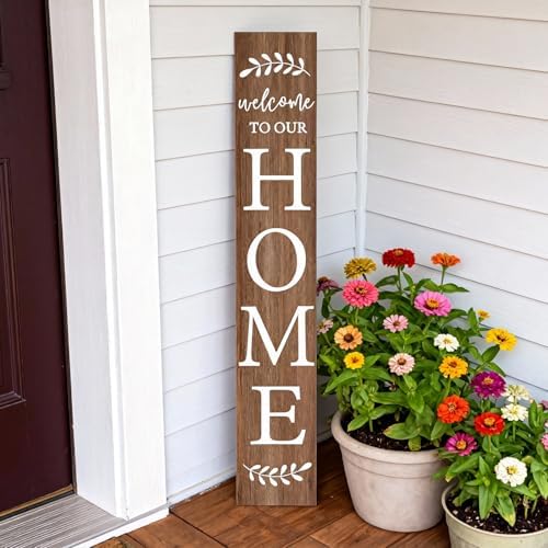 Welcome Sign for Front Porch, 47" Large Wooden Welcome to Our Home Sign Door Hanging Standing Plaque, Farmhouse Vertical Outdoor Porch Decorations for Yard Patio Entrance (Natural) - Image 3