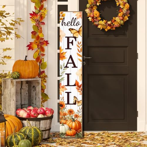 Hello Fall Porch Sign Autumn Pumpkin Maple Leaf Welcome Sign Vertical Standing Sign For Front Porch Decor Farmhouse Hanging Wall Sign for Patio Yard Party Indoor Outdoor Thanksgiving Decoration 47.2"H - Image 6