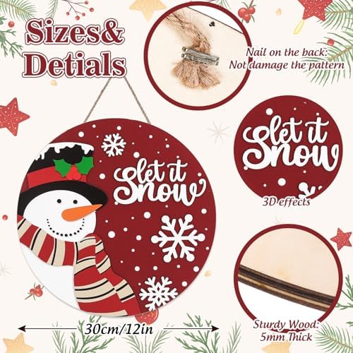 JarThenaAMCS Christmas Winter Welcome Door Sign Xmas Red Snowman Snowflake Wooden Front Door Hanging Sign 3D Round Outdoor Hanger for Party Home Wall Porch Decorations, 12 Inch - Image 2