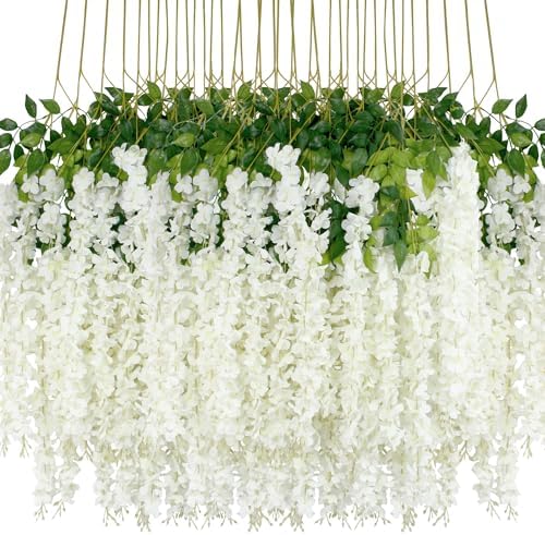 48Pcs Artificial Wisteria Flowers 3.6 Feet/Piece White Dense Artificial Fake Wisteria Vine Ratta Hanging Garland Silk Flowers String Home Party Wedding Decor(White-Dense) by HanYun