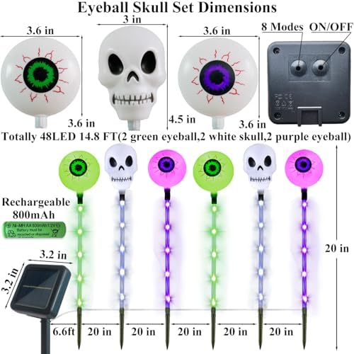 Halloween Decorations Outdoor Solar Garden Lights,6 Pack Scary Eyeball Skull Outside Decor,8 Modes Solar Halloween Lights for House Grave Patio Yard Lawn Pathway Halloween Party Ghost Decor - Image 2