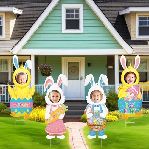 Chunful 4 Pcs Easter Face Yard Outdoor Decorations Large Bunny Chick Lawn Sign with Stakes Waterproof Happy Easter Yard Signs for Egg Hunt,photography, Spring Outdoor Lawn Garden Decor - Image 4