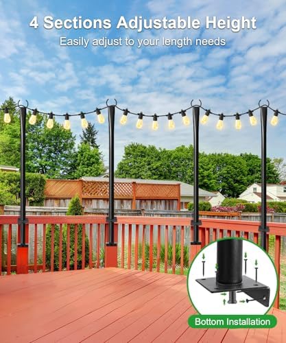 4 Pack String Light Poles for Deck, 5Ft Upgraded Heavy-Duty Metal Deck Light Poles for Outside with Fixing Clips, Lighting Hanging Post Accessories for Patio Decor Garden Backyard Yard Fence Porch - Image 6