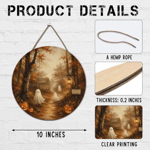 Fall Halloween Round Door Sign, 10 Inch Wooden Hanging Plaque with Rope, Rustic Autumn Wall Decor for Home Porch Entryway Halloween Party Decoration - A04 - Image 2