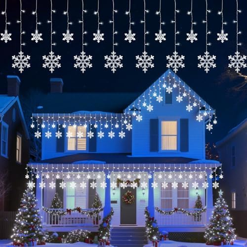 Minetom Christmas Snowflake Icicle Lights - 13ft 192LED Snowflake Drops, 12 Modes and Timer, IP65 Waterproof Connectable Christmas Lights for House Eave Window Indoor Outdoor, White by Minetom