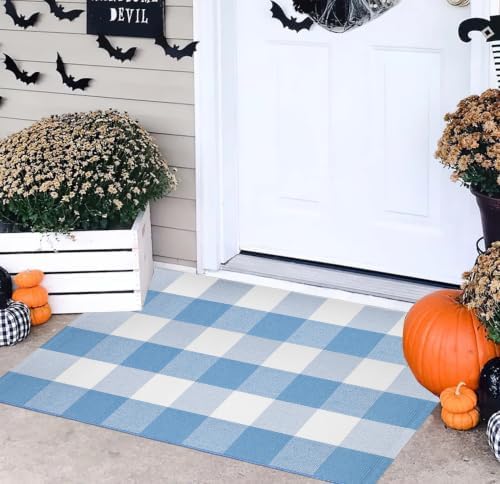 Light Blue and White Layered Doormat 24"x35",Buffalo Plaid Door Mat Outdoor by BUAGETUP