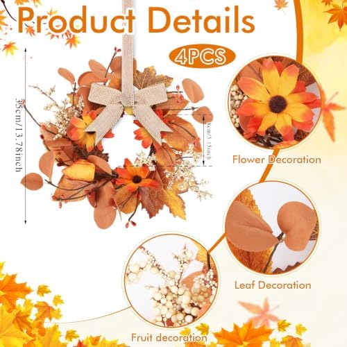 4 Pcs Fall Floral Wreaths Autumn Harvest Sunflowers Pumpkins Leaves Berries Hanging Candle Rings Mini Thanksgiving Table Centerpiece Wreath for Pillar Cabinets Farmhouse Decoration - Image 3