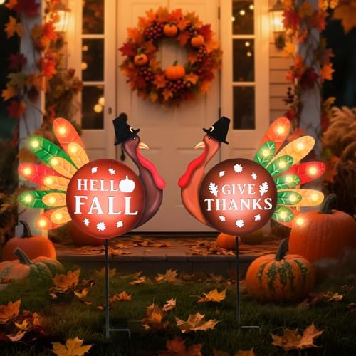 VCUTEKA Lighted Fall Turkeys Outdoor Decor, Thanksgiving Garden Stake by VCUTEKA