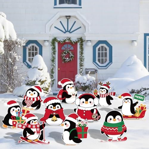 10-Piece Christmas Penguin Yard Signs with Stakes Decorations – 10 Assorted Designs 12 Inches Large Holiday Penguin Signs for Outdoor Garden and Lawn Winter Party Favor - Image 6