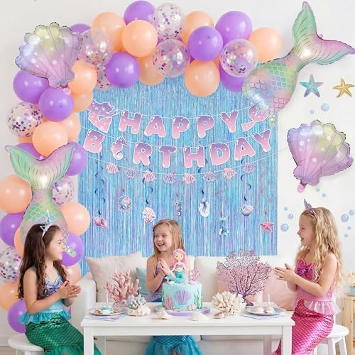 JOYIN Mermaid Princess Birthday Party Decoration Set, 76PCS Under the Sea Party Supplies with Banner, Foil Latex Balloons, Spiral Swirls and Tinsel Curtains for Girls, Kids Birthday Party Supplies - Image 5