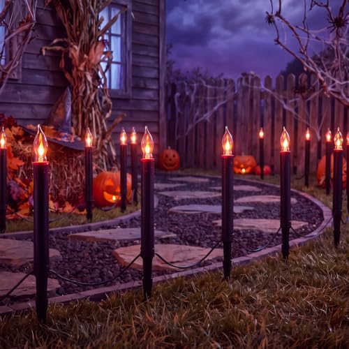 Halloween Pathway Lights Outdoor, 19.5Ft Halloween Pathway Marker String Lights with 10 C18 Flicker Flame Black Candles Stakes Lights Plug in Walkway Light for Lawn Garden Sidewalk Driveway by Goothy