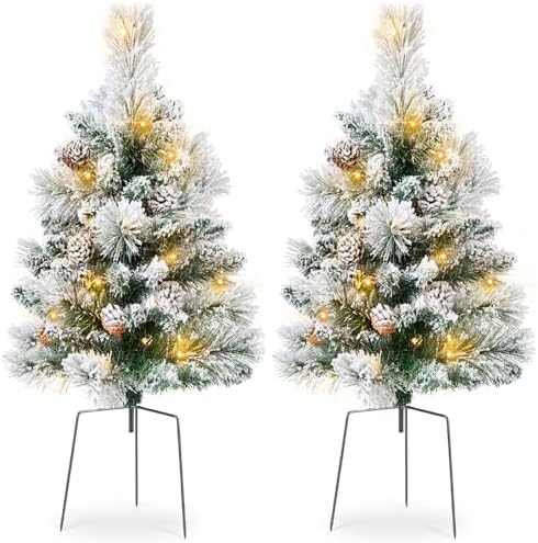 Best Choice Products Set of 2 24.5in Outdoor Flocked Scotch Pine Pathway Christmas Trees, Battery Operated Pre-Lit Holiday Décor w/LED Lights by BestChoiceProducts