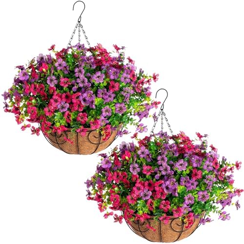 HyeFlora 2 Set Artificial Outdoor Flowers Hanging Basket, Faux Hanging Plants for Outside Spring Decoration, Fake Silk UV Resistant Look Real Daisy for Porch Patio Home Decor by HyeFloraartificialflowers