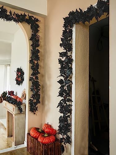 PARTY JOY Black Artificial Maple Leaf Garland - 6PCS 5.6Ft Halloween Decor, Gothic Fall Vines for Front Porch, Thanksgiving Autumn Table Centerpiece & Wall Hanging - Image 6